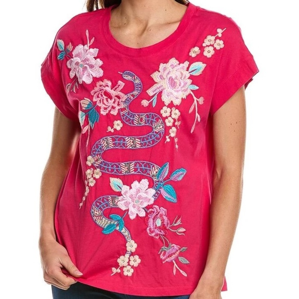 Johnny Was Edie Relaxed Snake Embroidered Tee Pink Sz XL Cotton